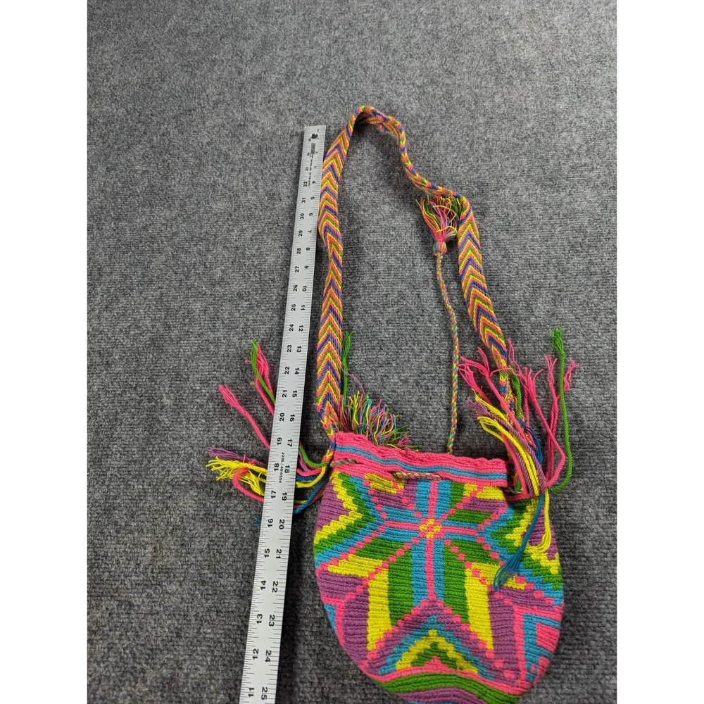 Handmade bohemian Wayuu tribe bag  with tassel details, geometric art